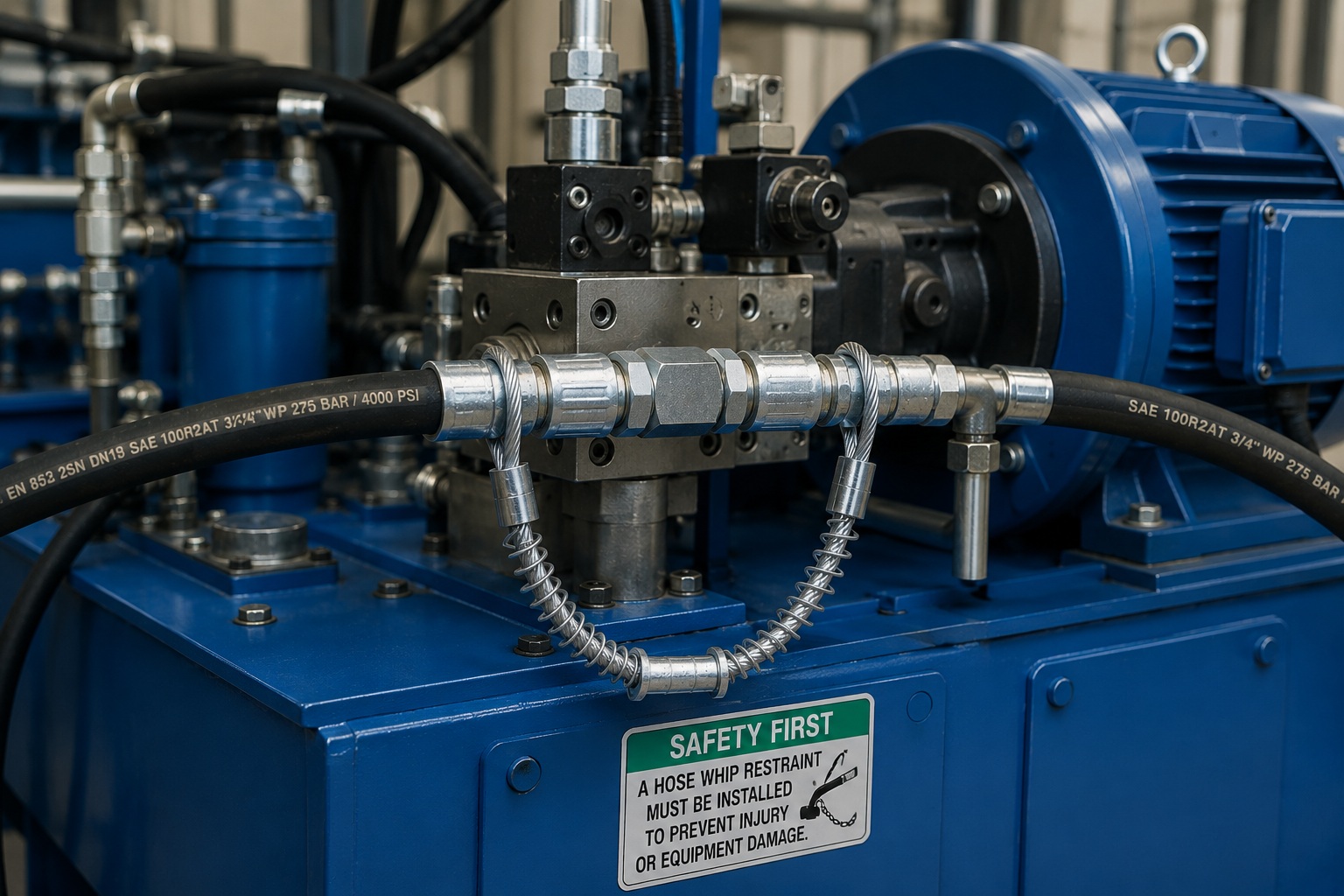 높은 pressure hose restraint installed on industrial hydraulic power unit
